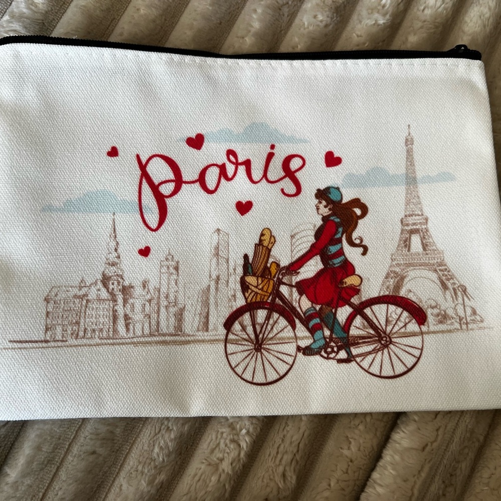 New Paris Bicycle canvas Makeup bag tote Pouch White & Red Eiffel Tower